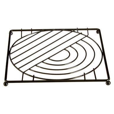Vertex black nickel square trivet featuring a black metal oven rack with a circular concentric pattern design