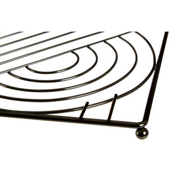 Black metal wire square trivet with vertex black nickel finish and concentric circles on rounded ball feet