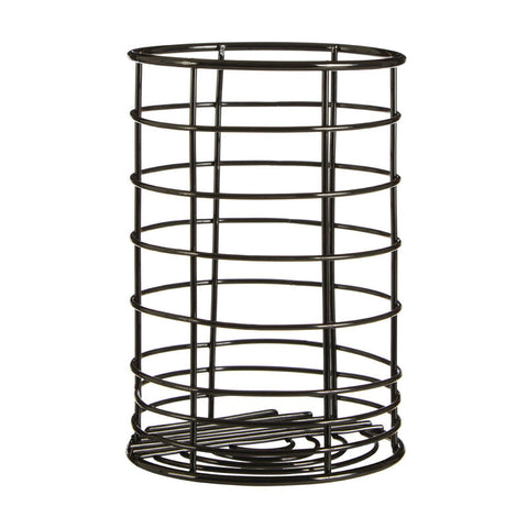 Black metal wire utensil holder with horizontal rings flat base in vertex black nickel finish for kitchen use