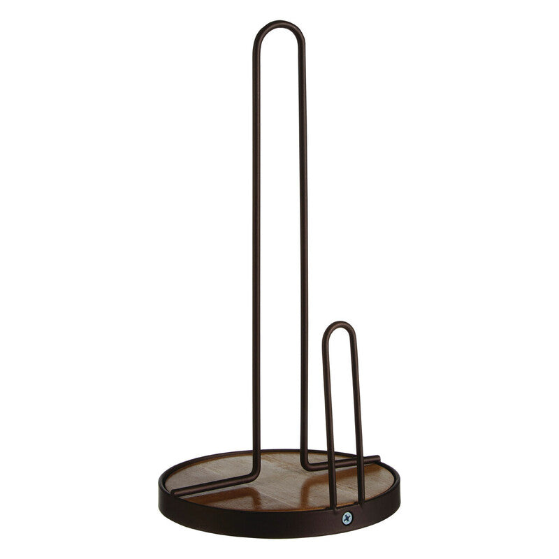 Dark bronze metal kitchen roll holder with circular wooden base for stylish kitchen roll storage by Vertex Bronze