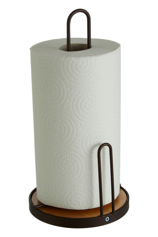 Dark bronze metal kitchen roll holder with wooden base and embossed white kitchen roll for kitchen use