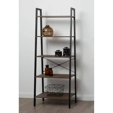 Black metal ladder shelf with dark wood shelves for vertex contour storage basket and contour storage basket use