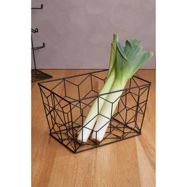 Black metal wire vertex contour storage basket with geometric lattice design for stylish contour storage organization