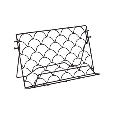 Black metal vertex deco cookbook stand with scalloped fan-like pattern for stylish kitchen use