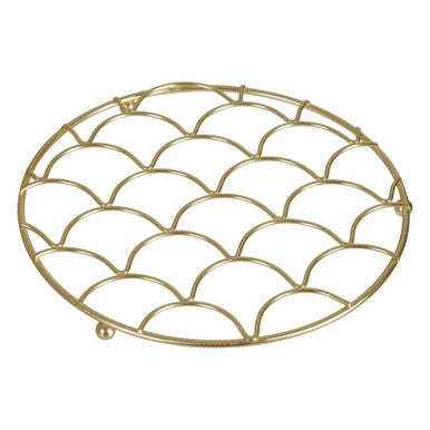 Matte gold metal trivet with scalloped fish scale pattern by vertex deco for stylish kitchen use