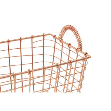 Rose gold wire mesh rectangular basket with twisted handle stylish gold rectangular basket for organizing essentials