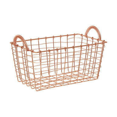 Rose gold wire mesh rectangular basket with twisted rope handles perfect as a gold rectangular storage basket