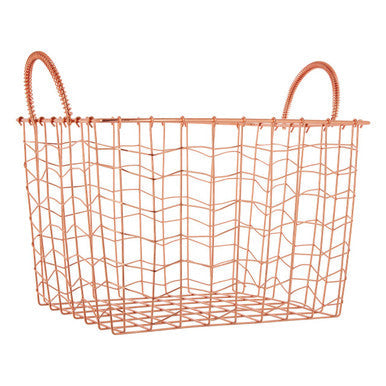 Rose gold vertex wavy grid rectangular wire basket with twisted handle loops for stylish storage and organization