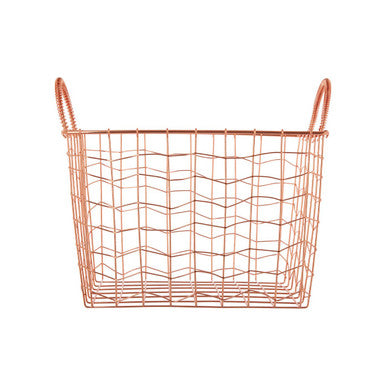 Rose gold vertex wavy grid rectangular wire basket with looped handles for stylish storage and organization