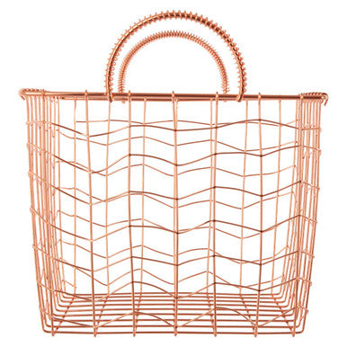 Rose gold vertex wavy grid wire basket with curved handle in rectangular wavy grid design for stylish storage