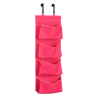 Hot pink fabric over the door organizer with five vertical pockets for versatile hanging storage