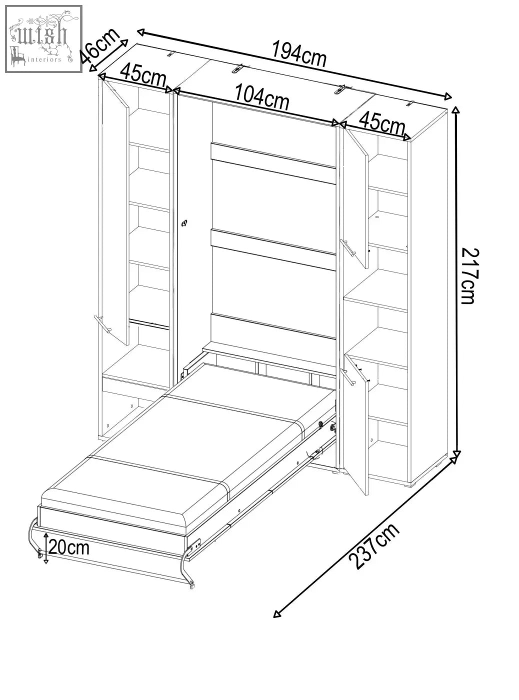 A sleek vertical folding wall bed with solid 22mm laminated wood and powered led lighting and side storage cabinets