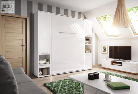 White glossy finish vertical folding wall bed with storage cabinets and solid 22mm laminated side wardrobes h217cm × d46cm