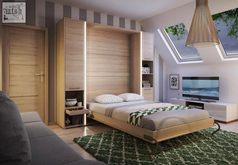 Vertical folding wall bed with storage cabinets in light wood finish solid 22mm laminated with led lighting h217cm × d46cm