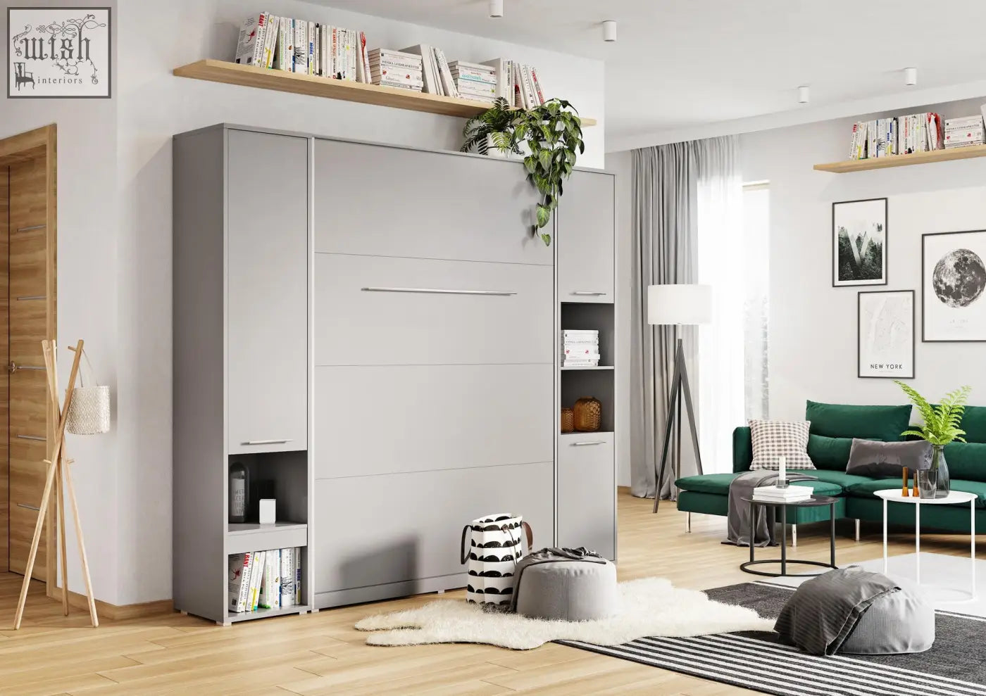 Modern gray vertical folding wall bed with sleek sliding doors and storage made from solid 22mm laminated panels h217cm × d46cm
