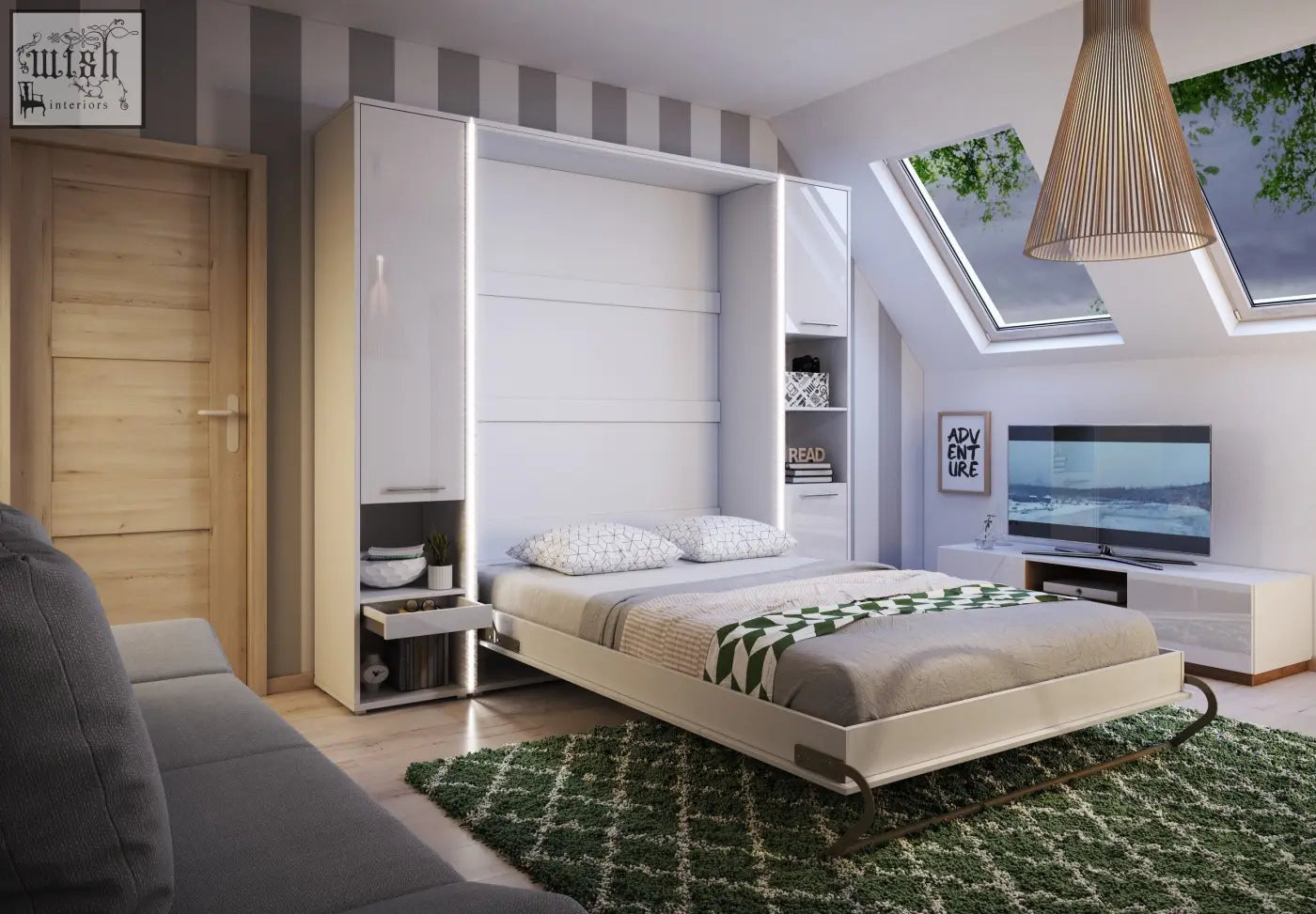 White foldable vertical wall bed with storage cabinets and green throw blanket made of solid 22mm laminated wood h217cm × d46cm