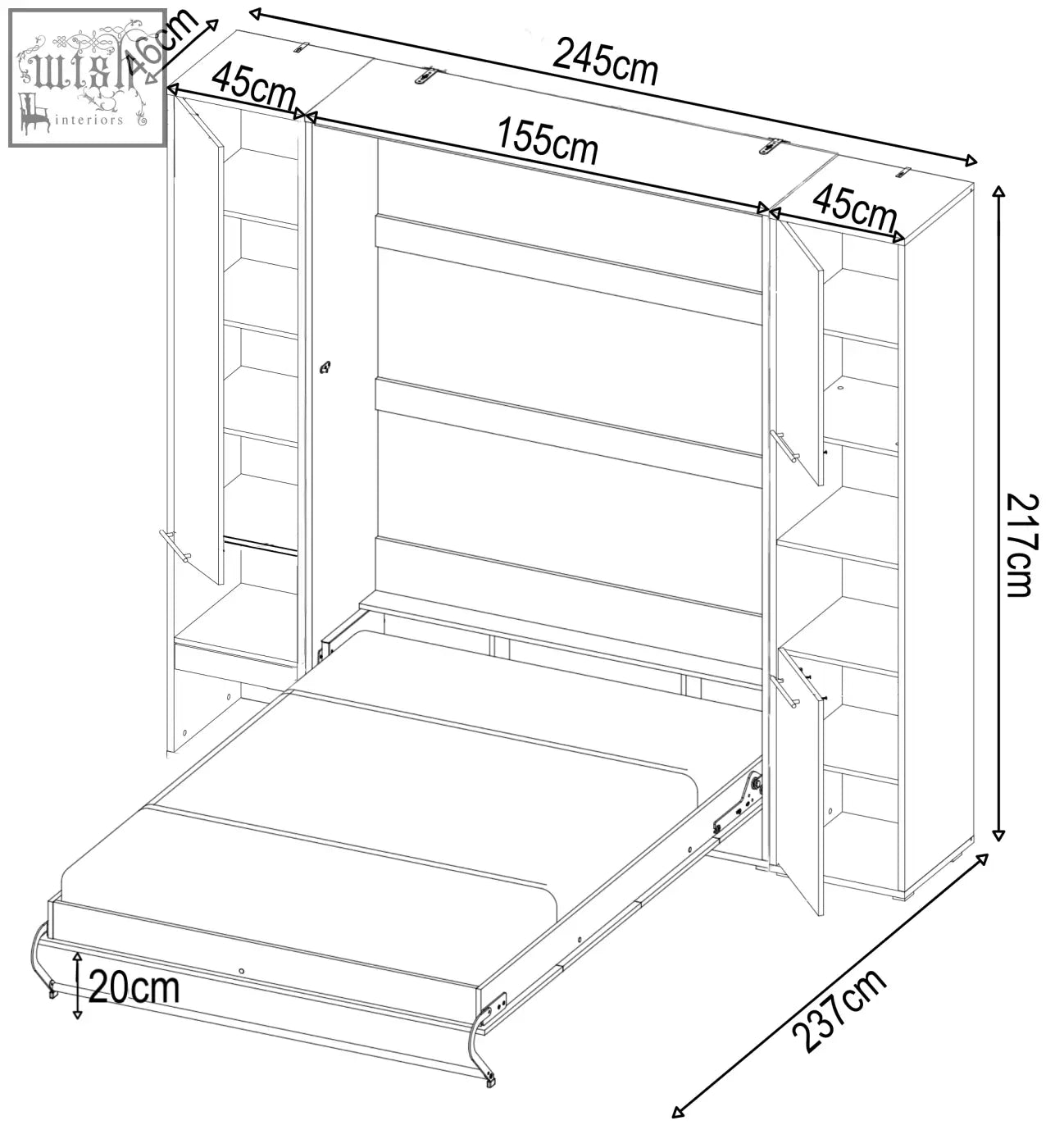 Vertical folding wall bed with storage cabinets in solid 22mm laminated wood h217cm × d46cm with side wardrobes