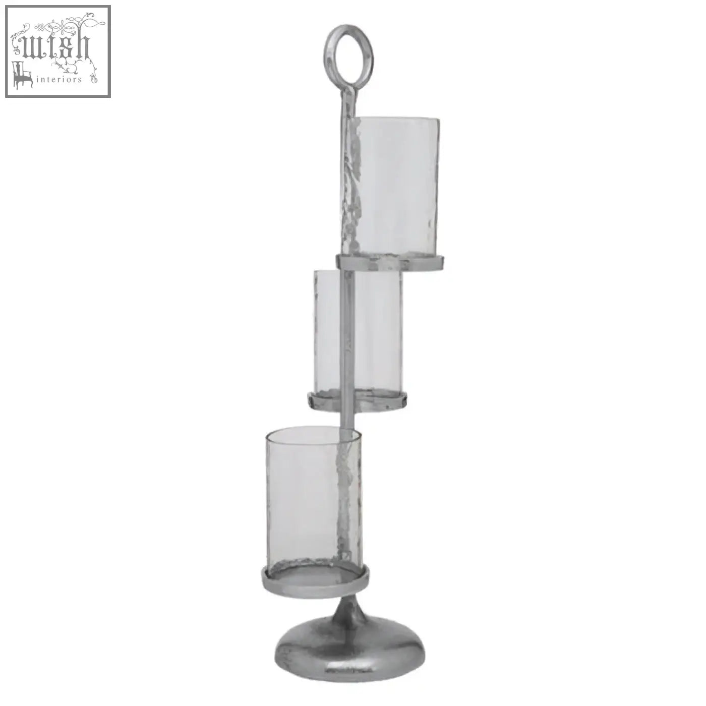 Silver-toned metal verve floor standing 3-light candle holder with three clear glass cups in a tiered spiral design