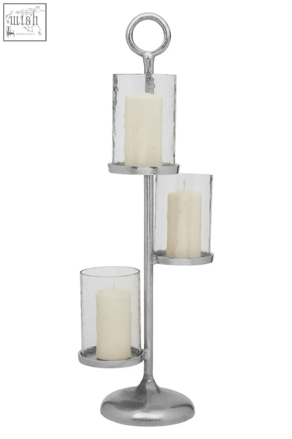 Silver-toned verve floor standing 3-light candle holder with three tiers and cream candles in clear glass cylinders