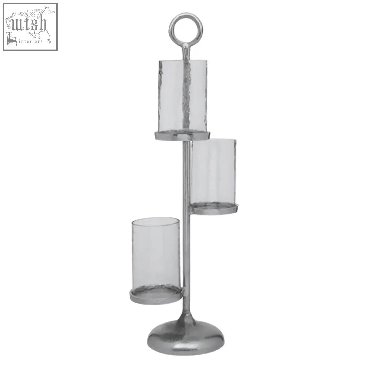 Silver-toned verve floor standing 3-light candle holder with three clear glass cylinders on a tiered metal stand