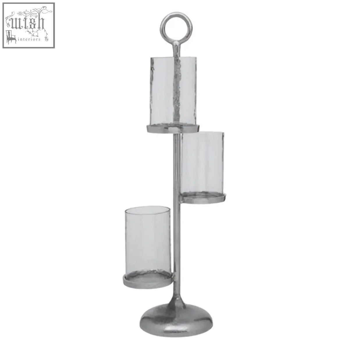 Silver-toned verve floor standing 3-light candle holder with three clear glass cylinders on a tiered metal stand