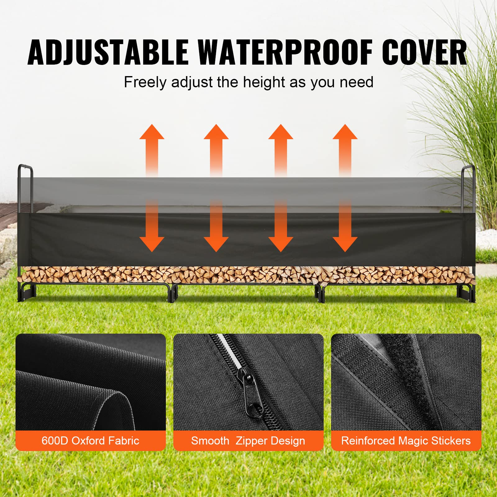 Black adjustable waterproof cover made of 600d oxford with smooth zipper and reinforced magic stickers for firewood rack