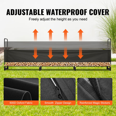Black adjustable waterproof cover made of 600d oxford with smooth zipper and reinforced magic stickers for firewood rack