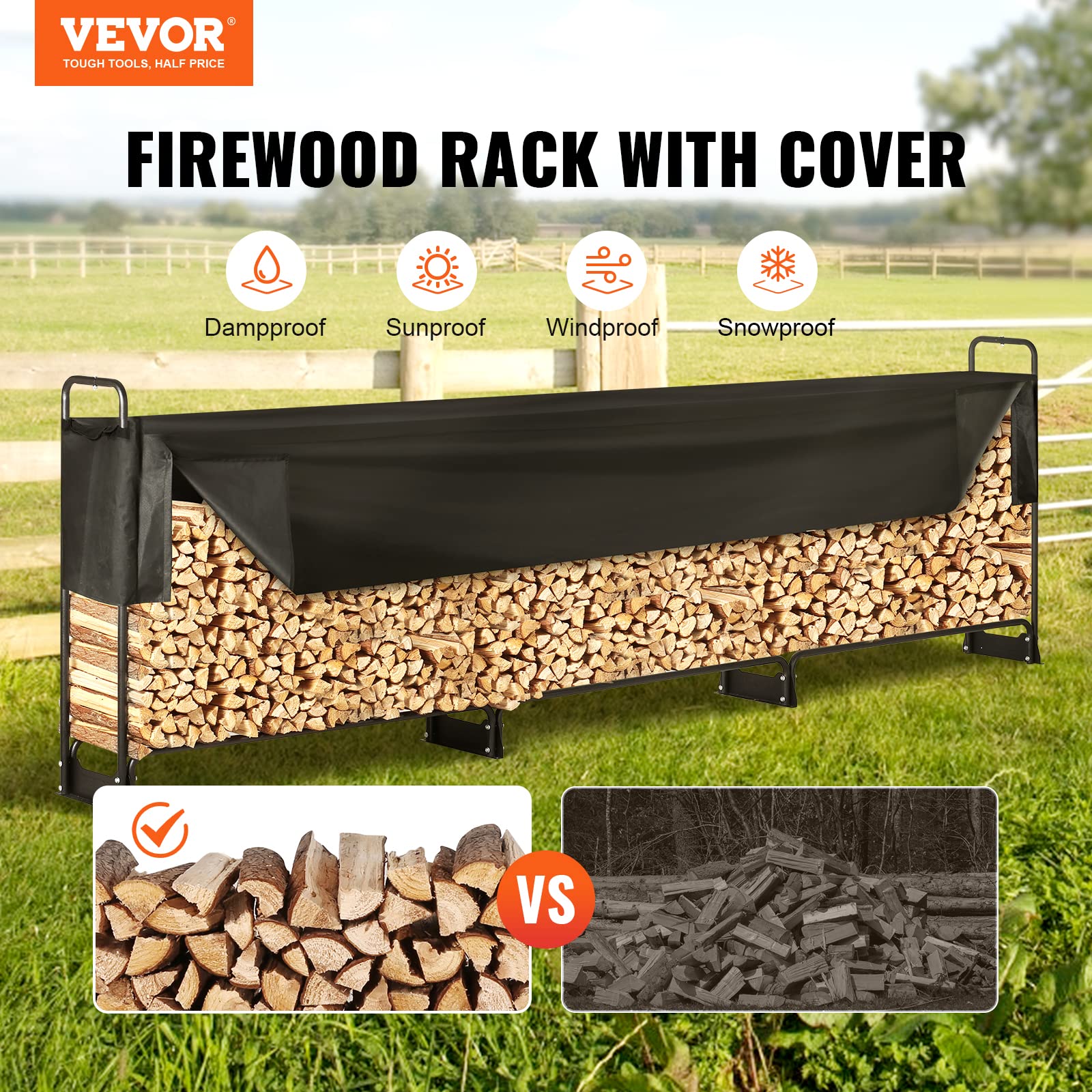 Black fabric covered firewood rack with metal frame heavy duty firewood holder with 600d oxford waterproof cover