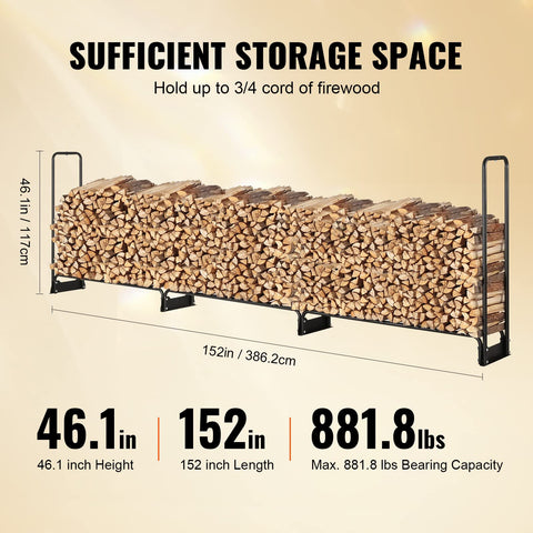 Black metal firewood rack with sturdy frame and adjustable legs holds up to 3/4 cord logs with 600d oxford cover