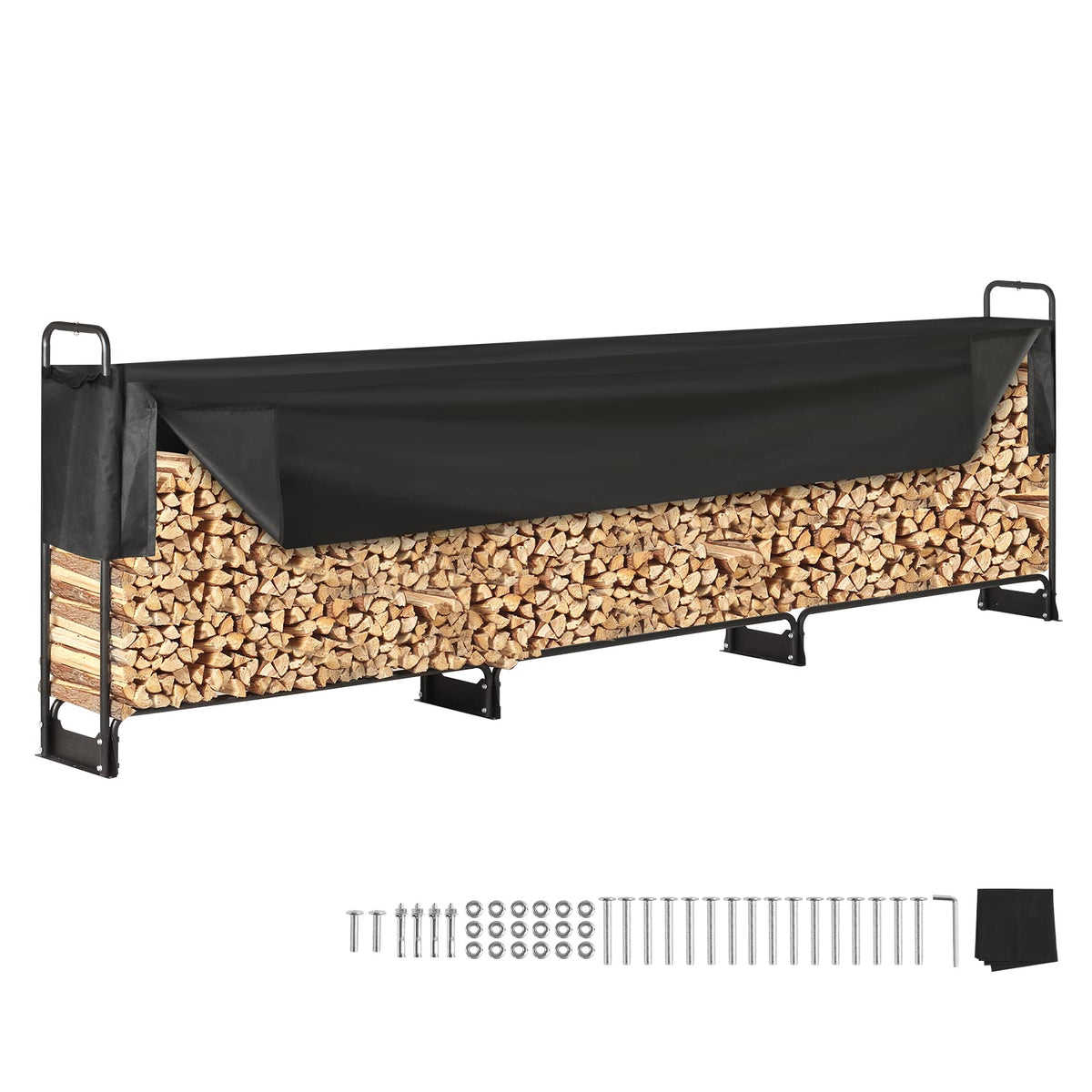 Black fabric covered metal firewood rack with sturdy frame and side handles for heavy duty outdoor firewood holder with 600d oxford cover