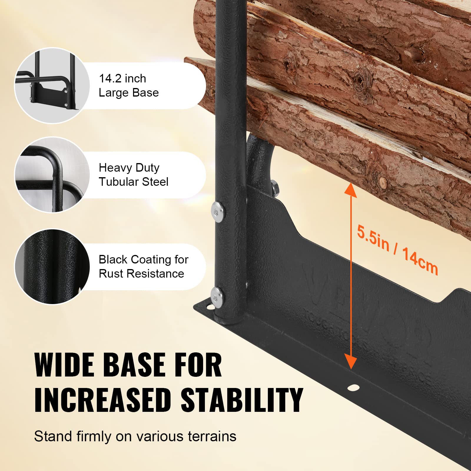 Black coated heavy-duty tubular steel bench leg with wide base for stability on vevor 8.5ft firewood rack holder with 600d oxford cover
