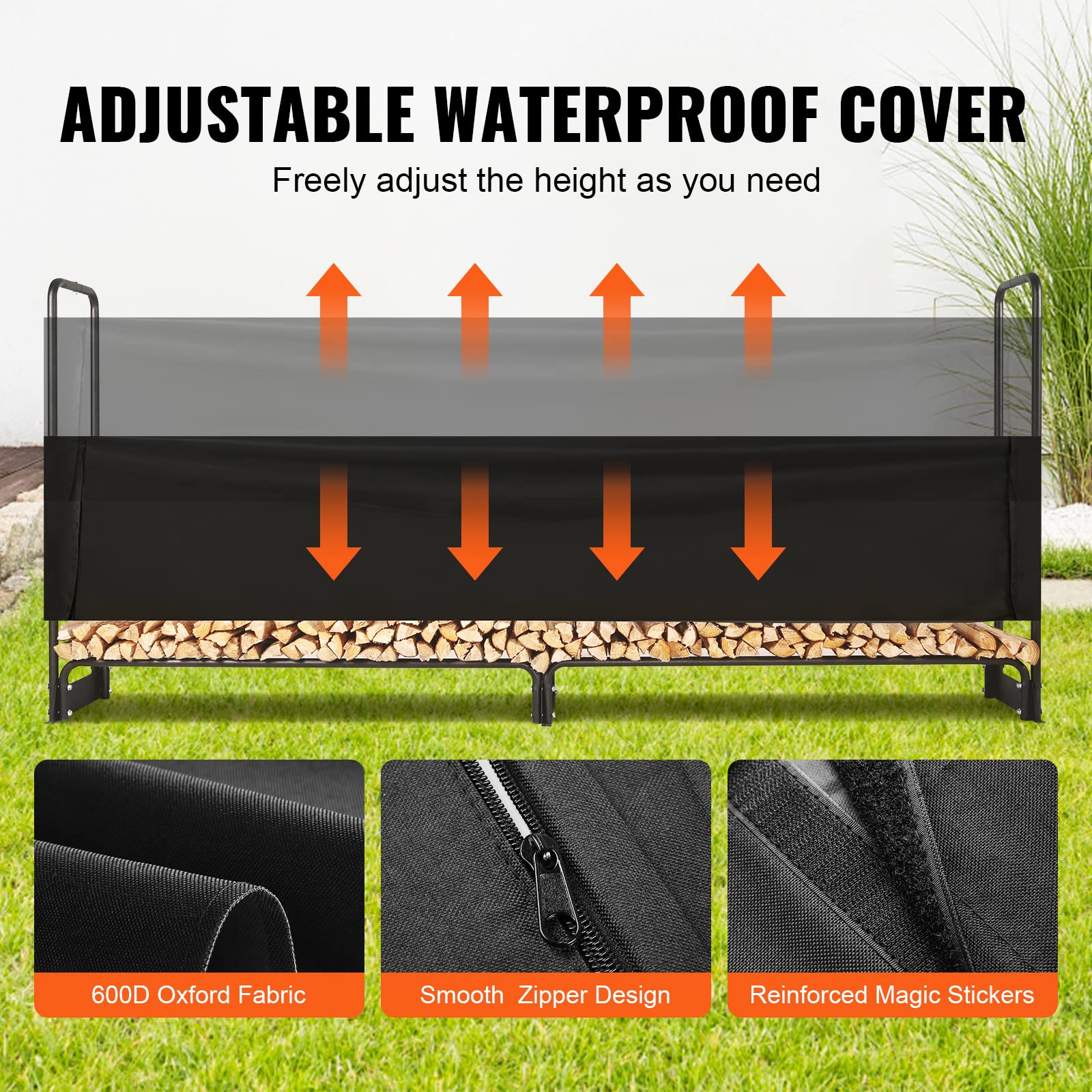Black adjustable waterproof cover made of 600d oxford fabric with zipper and reinforced magic stickers for firewood rack