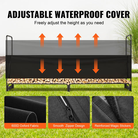 Black adjustable waterproof cover made of 600d oxford fabric with zipper and reinforced magic stickers for firewood rack