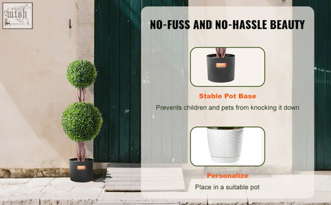 A tall two-tiered artificial boxwood topiary tree with lush green extra leaves in a dark gray extra leaves pot for decor