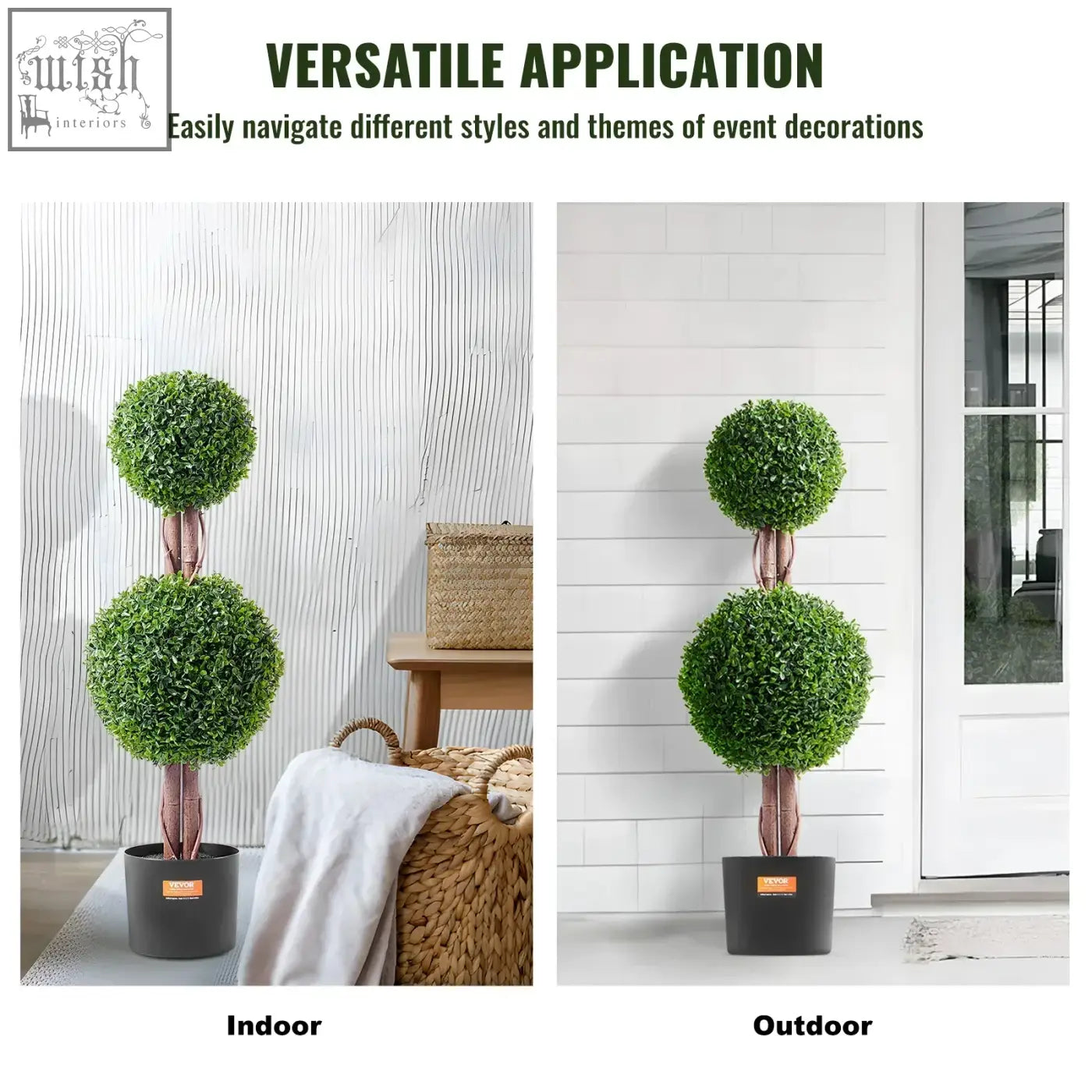 Green two-tiered artificial tree with brown faux wood stems in black extra leaves pot for indoor outdoor decor