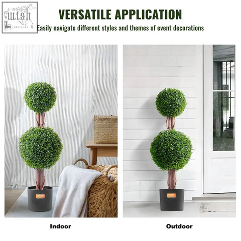 Green two-tiered artificial tree with brown faux wood stems in black extra leaves pot for indoor outdoor decor