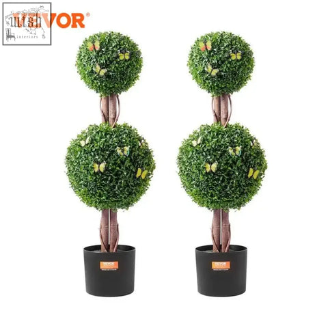 Two VEVOR artificial double-topiary trees with lush green foliage, extra leaves, and black pots for indoor outdoor decor