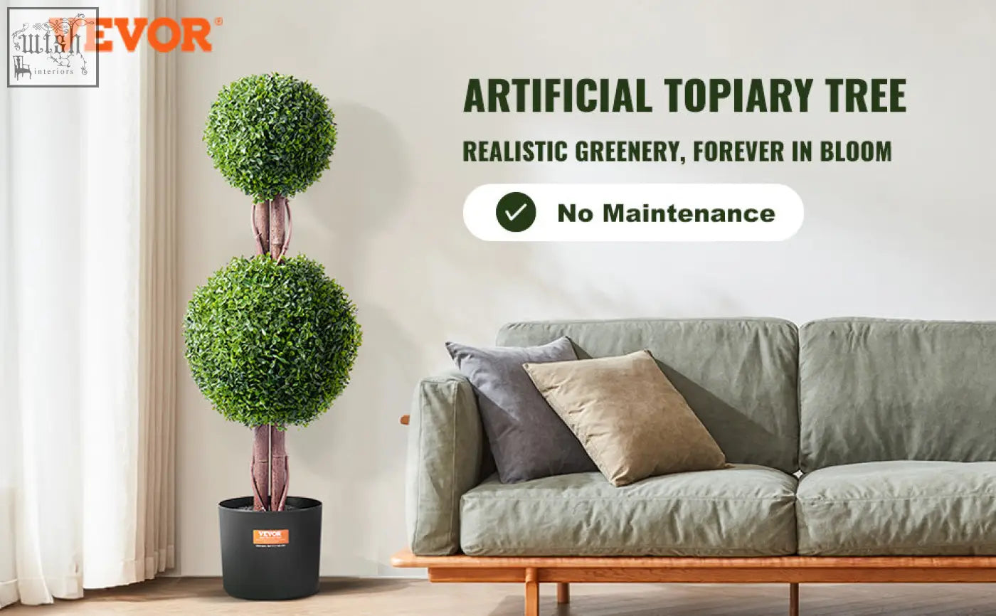 Vevor artificial tree with green extra leaves in a black pot featuring two rounded topiary spheres for indoor outdoor decor