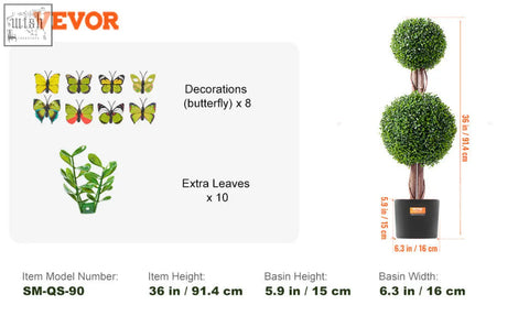 Vevor artificial tree with two green foliage spheres brown stem in black extra leaves pot for indoor outdoor decor