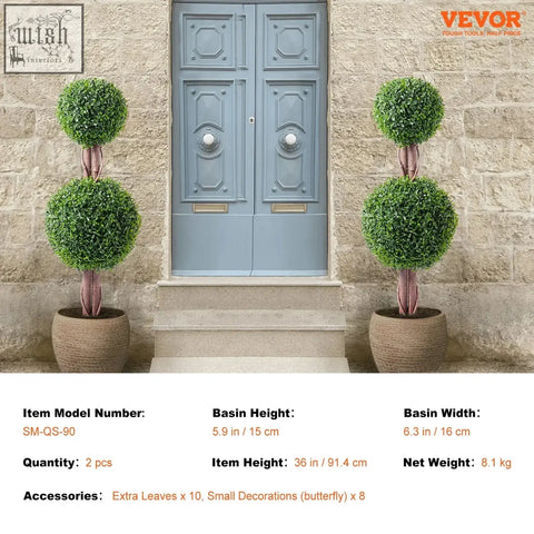 Two identical green artificial tree topiaries with extra leaves and reddish stems in textured brown extra leaves pot