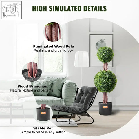 Two-tiered artificial tree with extra leaves on fumigated wood pole in black extra leaves pot for indoor outdoor decor