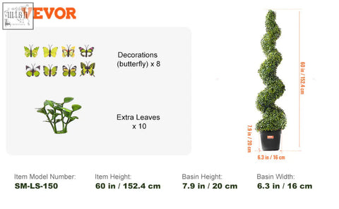 Vevoir sm-ls-150 artificial spiral topiary tree with lush green extra leaves in black pot for indoor outdoor decor