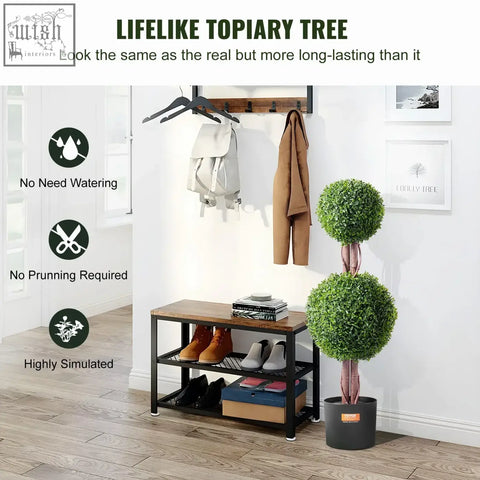Green artificial tree with two-tiered faux boxwood topiary and extra leaves pot in brown wooden base for indoor outdoor decor