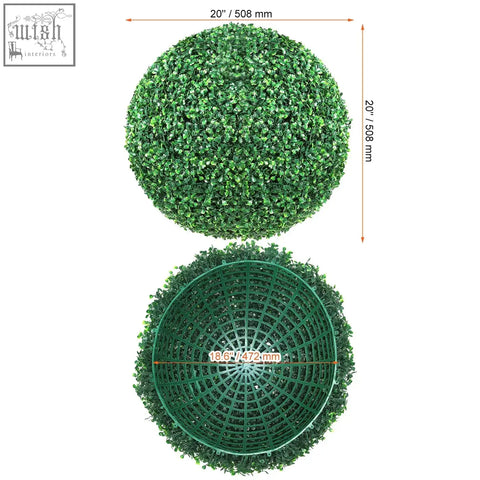 A 20-inch vevor artificial topiary ball made of dense green faux boxwood with a plastic grid base for decoration