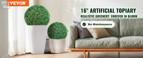 Vevor artificial topiaries 16-inch vibrant green topiary balls with realistic evergreen foliage in sleek white pots