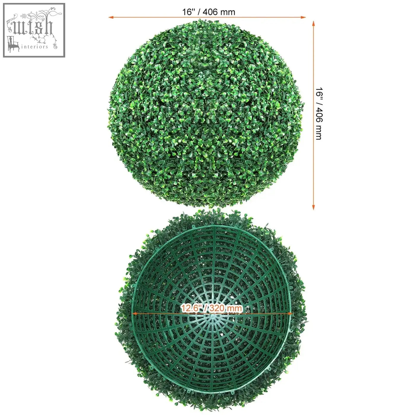 A 16-inch vevor artificial topiary ball made of green faux foliage with a matching plastic grid base for decoration