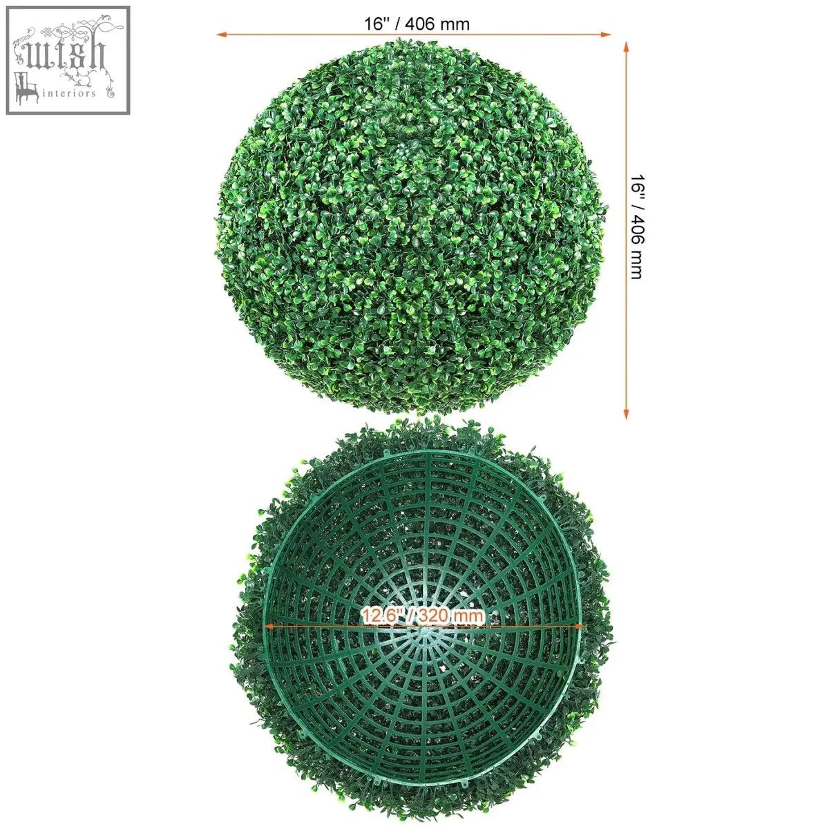 A 16-inch vevor artificial topiary ball made of green faux foliage with a matching plastic grid base for decoration