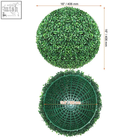 A 16-inch vevor artificial topiary ball made of green faux foliage with a matching plastic grid base for decoration