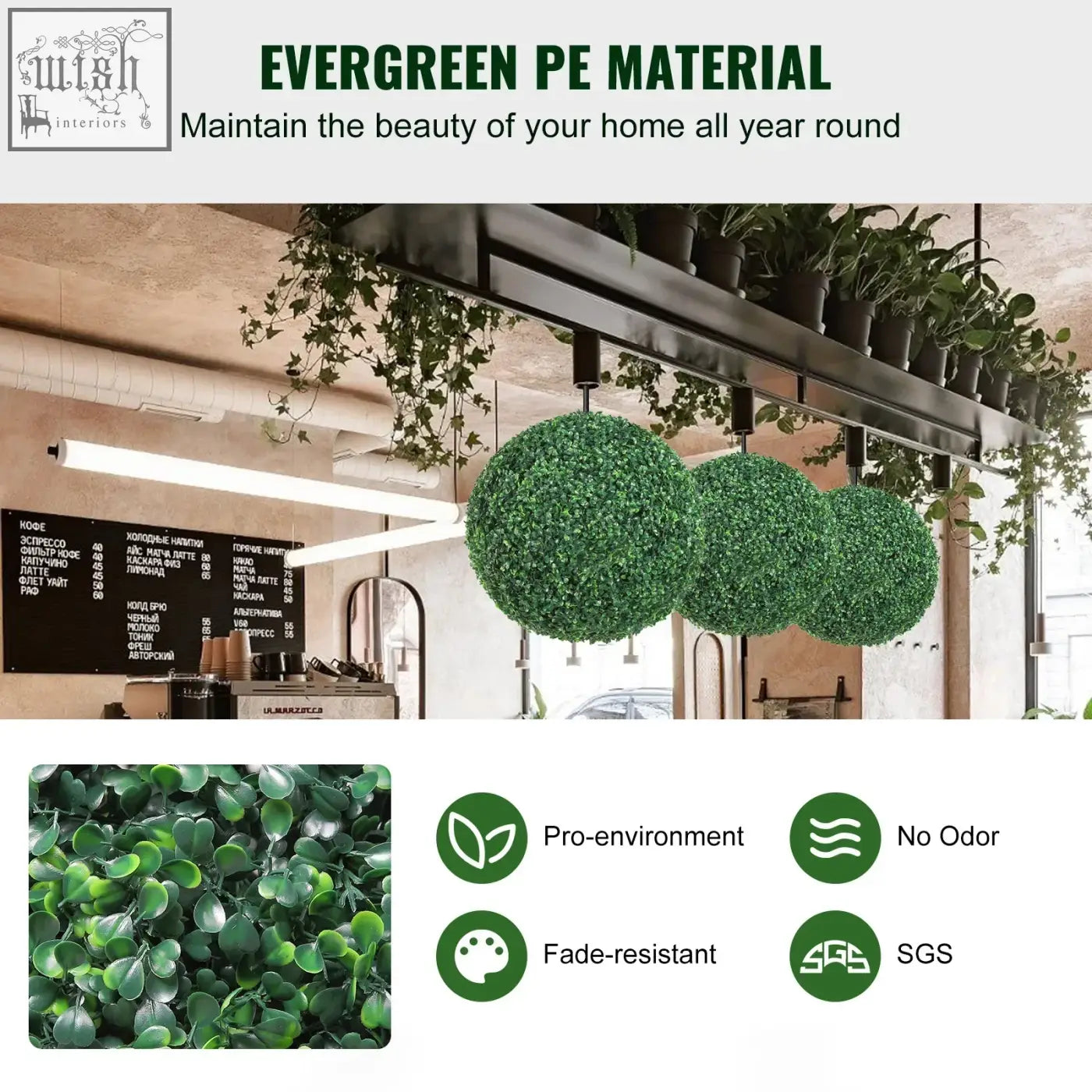 Three green vevor artificial topiary balls made of evergreen pe material hanging from a metal rack for decor