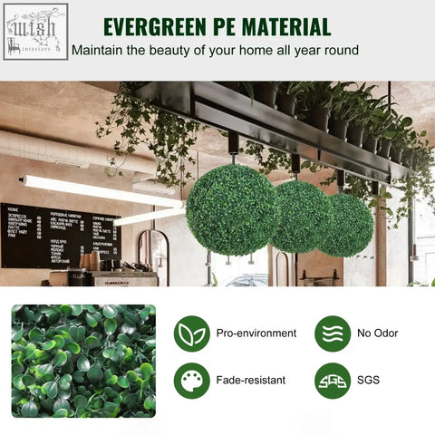 Three green vevor artificial topiary balls made of evergreen pe material hanging from a metal rack for decor